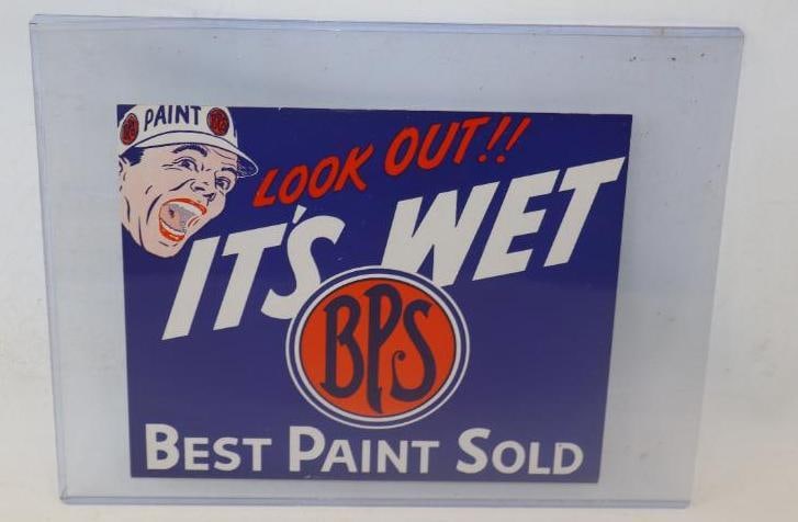 COLLECTION OF FIVE: B.P.S. BEST PAINT SOLD LOOK OUT ITS WET CARD STOCK SIGNS. (1 of 2)