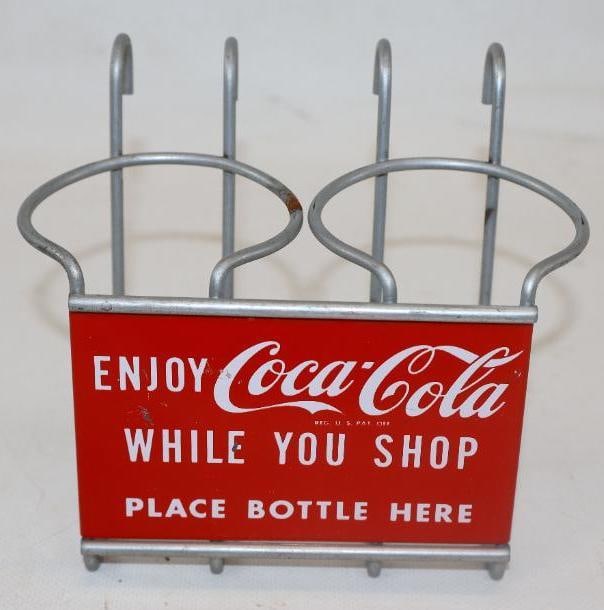 ENJOY COCA COLA WHILE YOU SHOP SHOPPING CART BOTTLE RACK WITH TIN SIGN. (1 of 5)