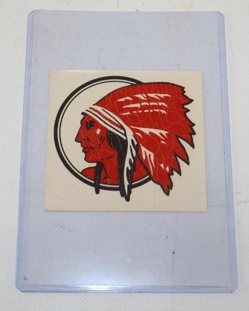 RED INDIAN MOTOROILS N.O.S. WATER TRANSFER DECALCOMANIA DECAL.: 3.5" X 3.5". MAKER MARKED CANADA DECALCOMANIA COMPANY LTD, TORONTO. C. 1930'S N.O.S WATER TRANSFER DECAL SHOWING ICONIC RED INDIAN GRAPHIC. CONDITION: BRILLIANT OVERALL SHOWING EXCELLENT COLOR & GLOSS