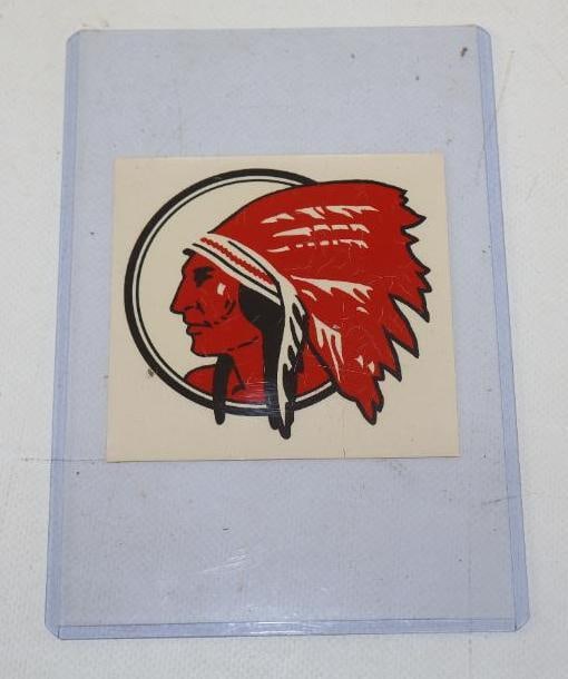 RED INDIAN MOTOROILS N.O.S. WATER TRANSFER DECALCOMANIA DECAL.: 3.5" X 3.5". MAKER MARKED CANADA DECALCOMANIA COMPANY LTD, TORONTO. C. 1930'S N.O.S WATER TRANSFER DECAL SHOWING ICONIC RED INDIAN GRAPHIC. CONDITION: BRILLIANT OVERALL SHOWING EXCELLENT COLOR & GLOSS