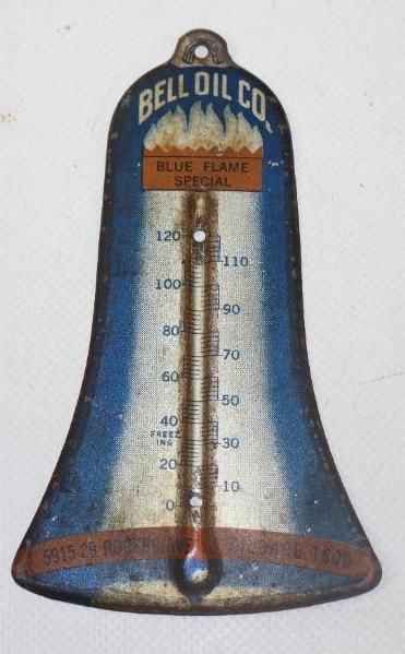 BELL OIL COMPANY EMBOSSED TIN THERMOMETER SIGN. (1 of 2)