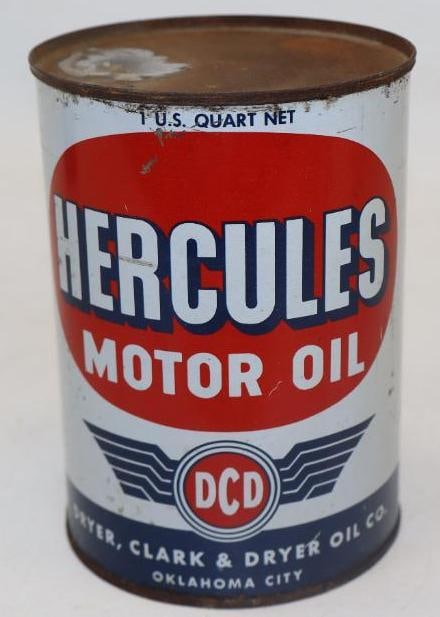 HERCULES MOTOR OILS ONE QUART CAN.: 5.5" DRYER, CLARK & DRYER OIL CO. OKLAHOMA CITY. CONDITION: OVERALL EXCELLENT WITH BRIGHT COLORS THROUGHOUT. MINOR AREAS OF LIGHT SURFACE SCRATCH AND SOME MINIMAL SPOTTING. SHOULD IMPROVE WITH CLEANIN