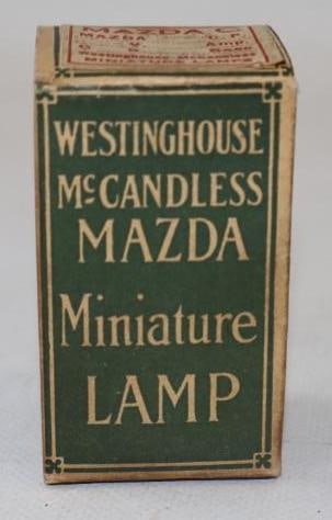 WESTINGHOUSE MCCANDLESS MAZDA MINIATURE LAMP N.O.S. WITH BOX.: 2.5" X 1.5" X 1.5". 1910'S N.O.S. MAZDA AUTOMOBILE LAMP BULB. CONDITION: BOX IS IN VERY GOOD CONDITION SHOWING MINIMAL EDGE WEAR. ORIGINAL LAMP IS INTACT AND REMAINS INSIDE THE BOX.