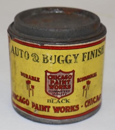 CHICAGO PAINT WORKS AUTO & BUGGY FINISH HALF PINT CAN.: 3" 1910'S PAPER LABEL CAN FOR CHICAGO PAINT WORKS SHOWING AS THE COLOR BLACK. CONDITION: CAN IS FULL SHOWING MODERATE AGE AND STORAGE WEAR TO THE PAPER LABEL.