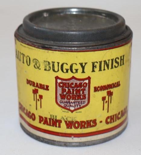 CHICAGO PAINT WORKS AUTO & BUGGY FINISH HALF PINT CAN.: 3" 1910'S PAPER LABEL CAN FOR CHICAGO PAINT WORKS SHOWING AS THE COLOR BLACK. CONDITION: CAN IS FULL SHOWING ONLY LIGHT AGE AND STORAGE WEAR TO THE PAPER LABEL.