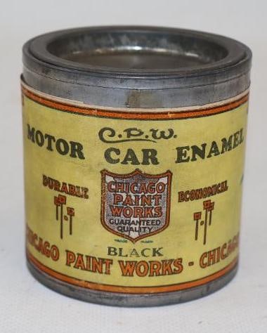 CHICAGO PAINT WORKS MOTOR CAR ENAMEL HALF PINT CAN.: 3" 1910'S PAPER LABEL CAN FOR CHICAGO PAINT WORKS SHOWING MOTOR CAR ENAMEL AS THE COLOR BLACK. CONDITION: CAN IS FULL SHOWING MODERATE AGE AND STORAGE WEAR TO THE PAPER LABEL.