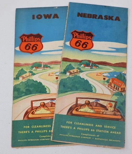 COLLECTION OF TWO: PHILLIPS 66 IOWA & NEBRASKA HIGHWAY ROAD MAPS WITH SERVICE STATION GRAPHIC. (1 of 2)