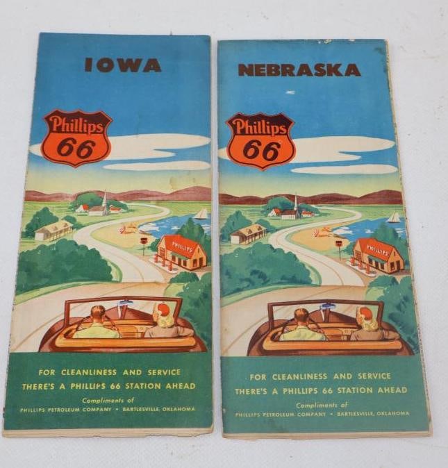 COLLECTION OF TWO: PHILLIPS 66 IOWA & NEBRASKA HIGHWAY ROAD MAPS WITH SERVICE STATION GRAPHIC. (1 of 2)
