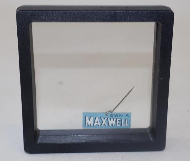 OWN A MAXWELL AUTOMOBILES CELLULOID ADVERTISING PIN.: 1.25" 1920'S DOUBLE SIDED CELLULOID ADVERTISING PIN SHOWING OWN A MAXWELL. CONDITION: BRILLIANT AND MOST LIKELY NEW OLD STOCK. PERFECT COLOR & GLOSS WITH ORIGINAL PIN INTACT. MOUNTED IN A DISPLAY FRAM