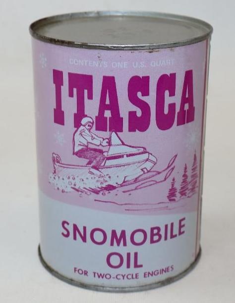 ISASCA SNOMOBILE OIL ONE QUART CAN WITH SNOWMOBILE GRAPHIC.: 5.5" WESTLAND OIL COMPANY, MINOT, NORTH DAKOTA. CONDITION: OUTSTANDING CONDITION THROUGHOUT SHOWING BRILLIANT COLOR & GLOSS WITH MINIMAL WEAR AND STORAGE SCRATCHES. BOTH LIDS ARE INTACT, EMPTIED FROM 