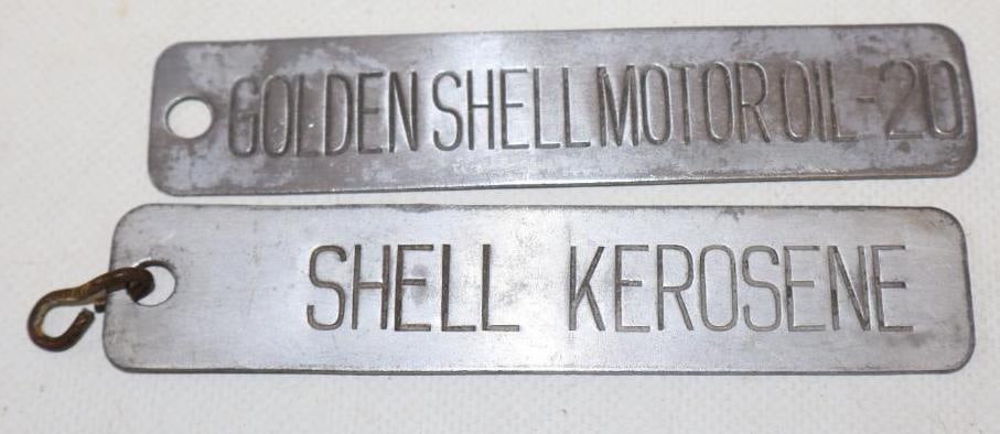 COLLECTION OF 2: SHELL KEROSENE & GOLDEN SHELL MOTOR OIL STAMPED METAL BARREL TAGS. (1 of 2)