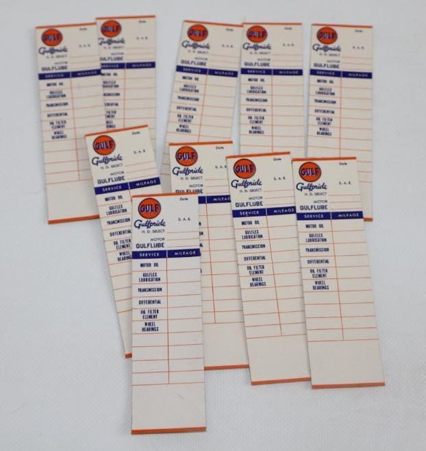 COLLECTION OF 10: GULF SERVICE STATION N.O.S. OIL CHANGE REMINDERS.: 4.5" X 1.25" EACH. GROUP OF 10 N.O.S. OIL CHANGE REMINDERS FOR GULF GULFPRIDE MOTOR OILS. CONDITION: EACH TAG IS IN EXCELLENT NEW OLD STOCK CONDITION SHOWING NO NOTABLE WEAR. AN EXCELLENT CONDITION CO