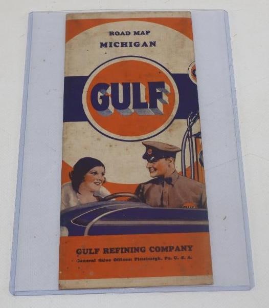 RARE 1931 GULF REFINING COMPANY SERVICE STATION MAP OF MICHIGAN. (1 of 2)
