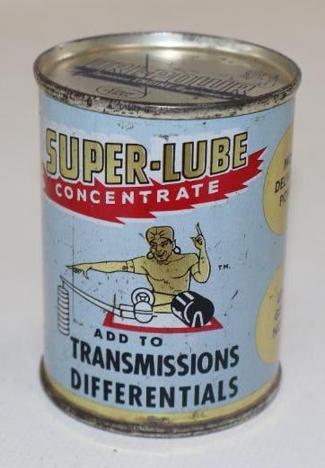 DRI-POWR SUPER LUBE CONCENTRATE 4 OZ CAN WITH GENIE GRAPHIC.: 3" 1950'S SUPER LUBE CONCENTRATE SHOWING GENIE GRAPHIC. CONDITION: CAN IS VERY GOOD OVERALL SHOWING BRIGHT COLOR & GLOSS WITH MINOR AREAS OF LIGHT SURFACE WEAR FROM STORAGE WITH A GRAPHIC ON THE FACE 
