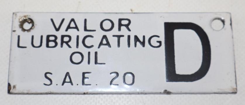 TEXACO VALOR MOTOR OILS PORCELAIN SIGN.: 4" X 1.5" 1930'S DOUBLE SIDED PORCELAIN SIGN FOR TEXACO VALOR MOTOR OILS SHOWING GRADE S.A.E. 20 CONDITION: EXCELLENT ON EACH SIDE SHOWING JUST MINIMAL WEAR AT THE EDGES. AN EXCELLENT EXAMPLE.