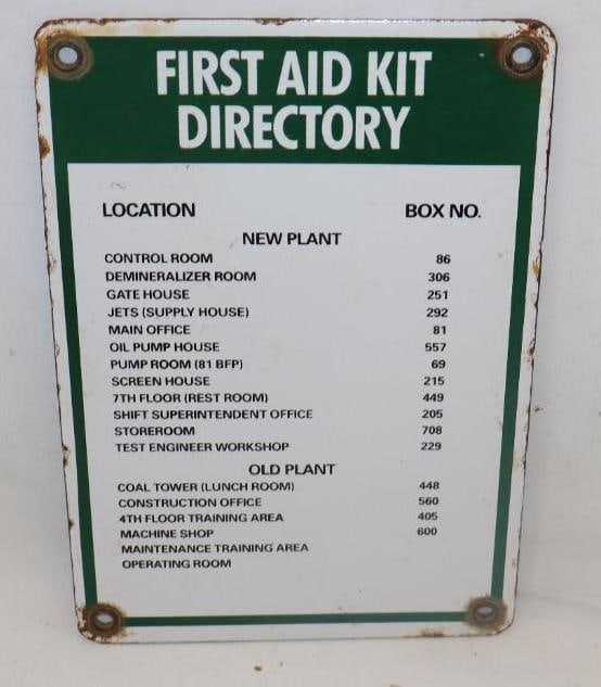 FIRST AID KIT DIRECTORY PORCELAIN FACTORY SIGN.: 10" X 7". SSP. 1950'S PORCELAIN SIGN SHOWING FACTORY LOCATIONS OF FIRST AID KITS. CONDITION: EXCELLENT COLOR & GLOSS THROUGHOUT WITH NO FIELD CHIPPING. LIGHT WEAR AT OUTER EDGE WITH ALL ORIGINAL GROMM