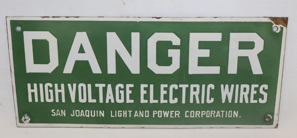 SAN JOAQUIN LIGHT & POWER HIGH VOLTAGE PORCELAIN SIGN. (1 of 2)