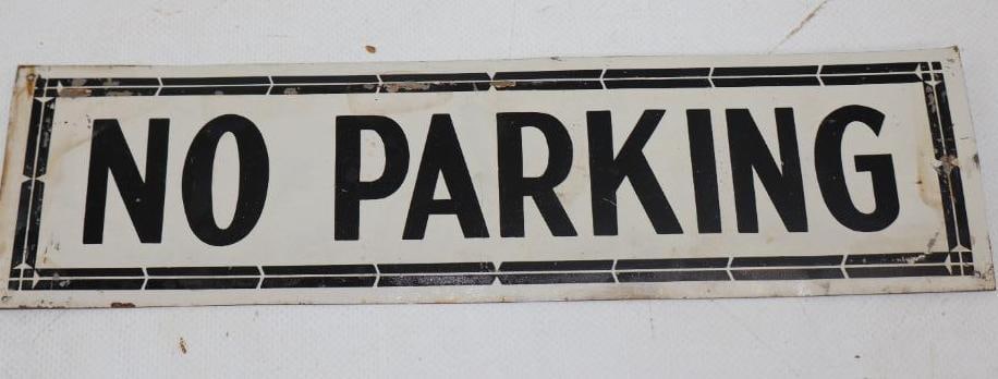 NO PARKING TIN SIGN.: 10" X 2.75". 1930'S. SINGLE SIDED TIN WITH FRAMED OUTER EDGE. CONDITION: EXCELLENT COLOR & GLOSS THROUGHOUT WITH LIGHT SURFACE WEAR AT THE OUTER EDGE.
