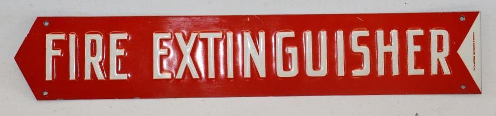 N.O.S. FIRE EXTINGUISHER EMBOSSED TIN ARROW SIGN. (1 of 2)
