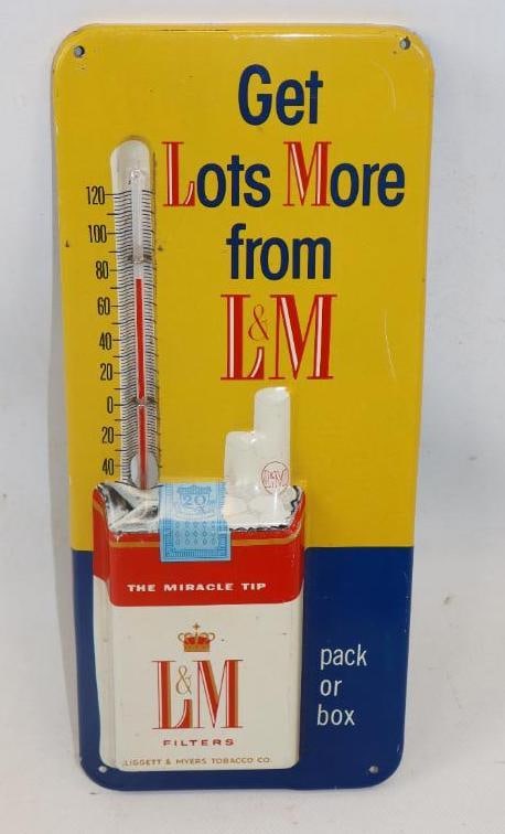 LIGGETT & MYERS TOBACCO L&M CIGARETTES EMBOSSED TIN THERMOMETER SIGN. (1 of 2)