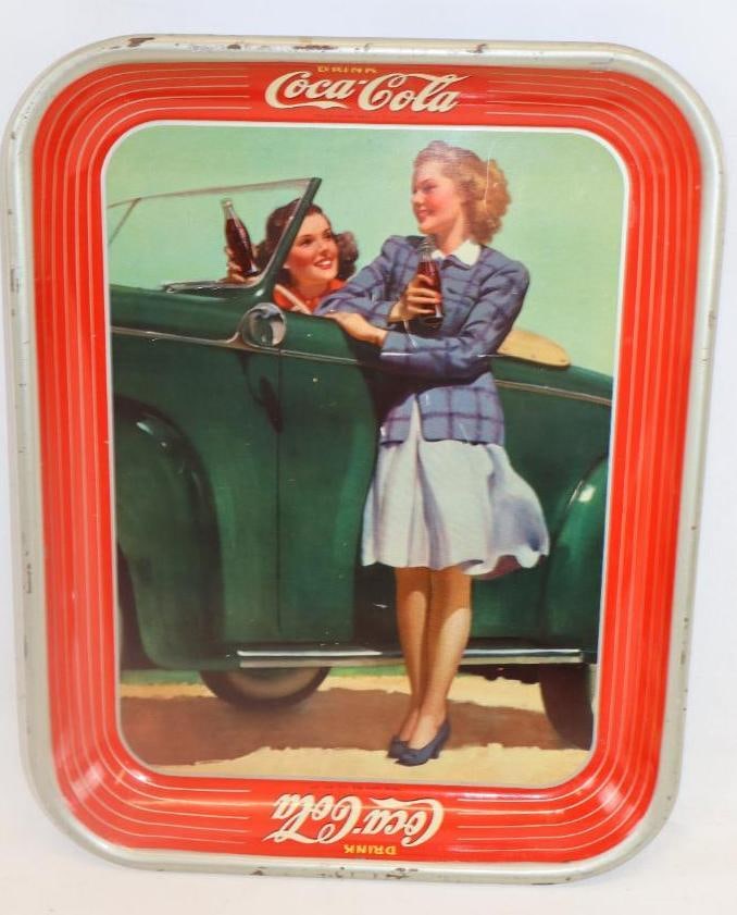 1940'S DRINK COCA COLA TIN LITHO SERVING TRAY WITH GIRL & CAR GRAPHIC. (1 of 2)