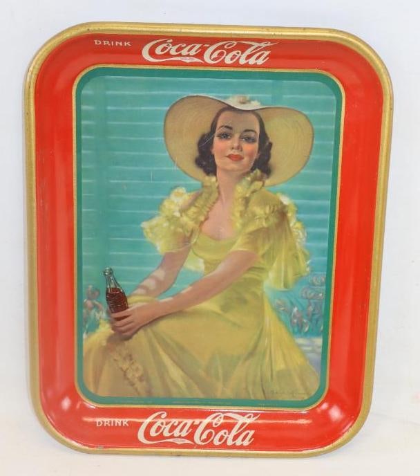 1930'S DRINK COCA COLA TIN LITHO SERVING TRAY WITH GIRL & BOTTLE GRAPHIC. (1 of 2)