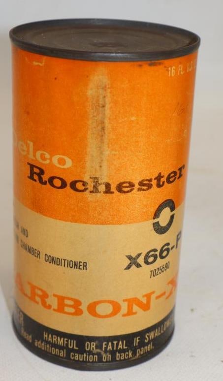 DELCO ROCHESTER CARBURETOR CONDITIONER 16 OZ. CAN.: 5" 1950'S. CONDITION: CAN SHOWS LIGHT WEAR TO THE COLOR THROUGHOUT BUT OVERALL WELL DISPLAYING. CAN IS FULL.