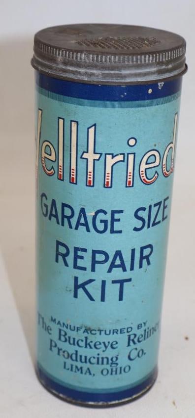 WELLTRIED GARAGE SIZE TIRE & TUBE REPAIR KIT.: 6.5" 1920'S. SCARCE TUBE REPAIR KIT FROM WELLTRIED, PRODUCT OF BUCKEYE PRODUCING COMPANY LIMA, OHIO. CONDITION: OVERALL VERY GOOD SHOWING JUST LIGHT AGE AND STORAGE WEAR. CAN SHOWS ORIGINAL LID. A RAR
