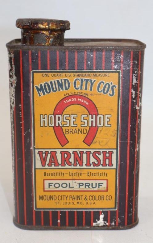 MOUND CITY HORSE SHOE BRAND VARNISH ONE QUART SQUARE CAN. (1 of 2)