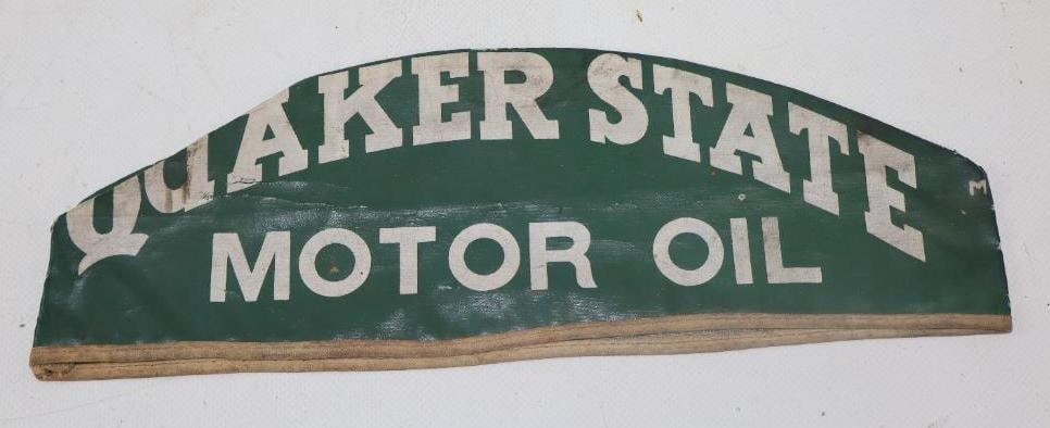 QUAKER STATE MOTOR OILS SERVICE STATION ATTENDANT CAP.: 11" X 4" 1930'S SERVICE STATION ATTENDANTS CAP FOR QUAKER STATE MOTOR OILS. CONDITION: GOOD COLRO & GLOSS THROUGHOUT WITH MODERATE WEAR AS WELL AS SOME TEARS AT THE TOP CENTER. DISPLAYS WELL OVERALL.