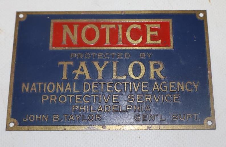 TAYLOR NATIONAL DETECTIVE AGENCY STAMPED BRASS SIGN. (1 of 2)