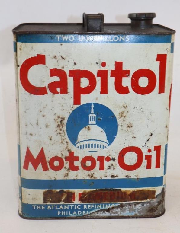 CAPITAL MOTOR OILS TWO GALLON OIL CAN WITH DOME GRAPHIC. (1 of 4)