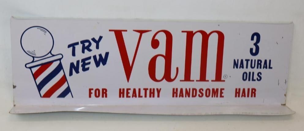 TRY VAM HAIR OIL TIN SIGN WITH BARBER POLE GRAPHIC. (1 of 5)