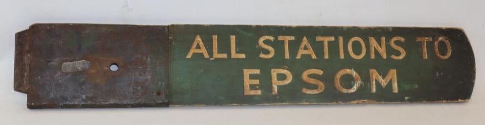 ALL STATIONS TO EPSOM, NEW HAMPSHIRE HAND PAINTED WOOD RAILROAD SIGN WITH IRON BASE. (1 of 4)