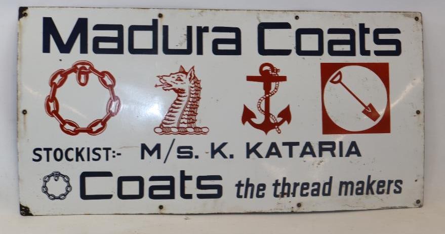 Madura Coats Advertising Single Sided Porcelain Marine Sign: 39.5" x 19.75", marked Vasudev Enamel