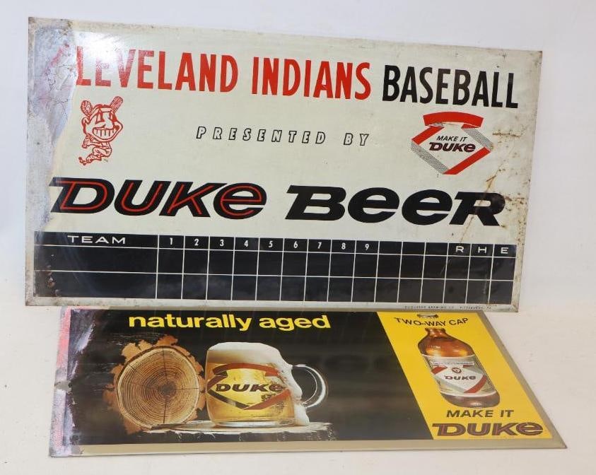 Group of 2 Duke Beer Tin over Cardboard Advertising Signs: largest 26" x 14"