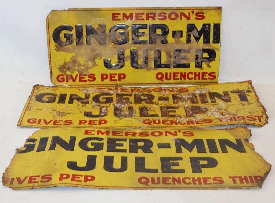Group of 3 Emerson's Ginger-Mint Julep Tin Tacker Signs: largest 27.5" x 9.5", all have condition issues