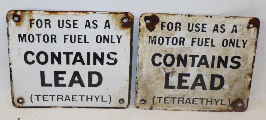 Group of 2 Porcelain Contains Lead Gas Pump Plates: 7" x 6" each