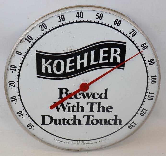 Koehler Brewed With The Dutch Touch Advertising Thermometer: 12" diameter, missing glass