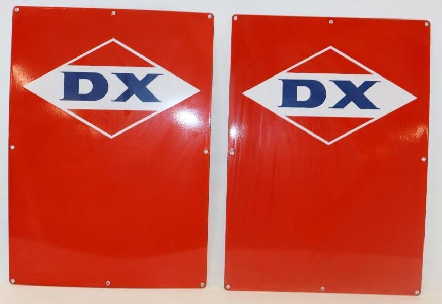 Group of 2 Porcelain DX Advertising Gas Pump Plates: 26" x 18.5" each