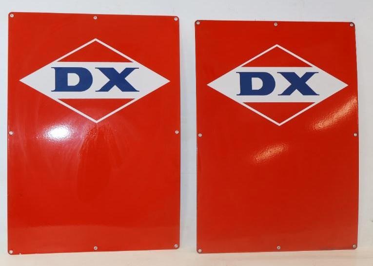 Group of 2 Porcelain DX Advertising Gas Pump Plates: 26" x 18.5" each