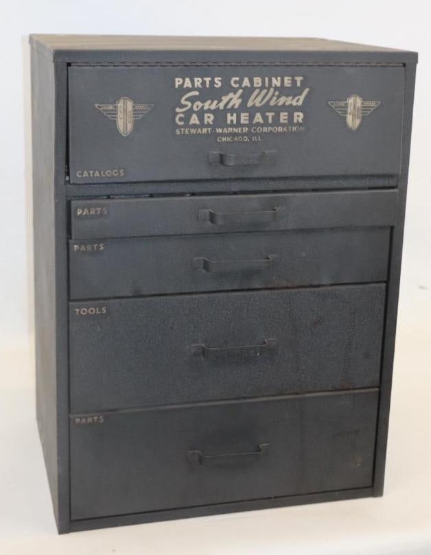 Stewart Warner South Wind Car Heater Parts Cabinet: 16" x 12.50" x 22" cabinet is full will be expensive to ship