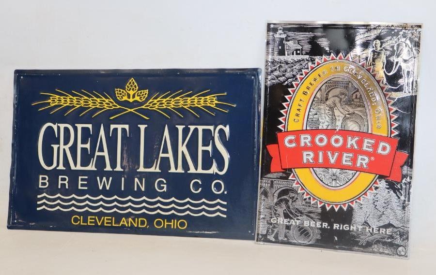 Group of 2 Embossed Crocked River And Great Lakes Brewing Cleveland Beer Signs: 22" x 14"