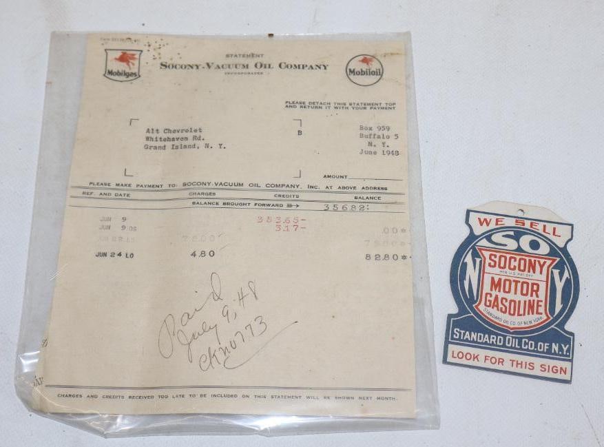 Socony-Vacuum Oil Company 1948 Receipt And Double Sided Cardboard Advertising Sign (1 of 2)