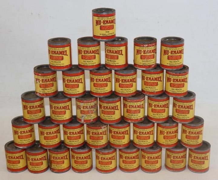 Group of 36 Nu-Enamel Advertising Paint Cans: 1.75" x 2.25" each all have contents all are colored peach