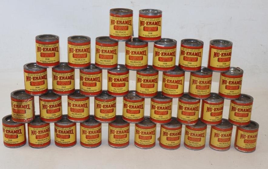 Group of 36 Nu-Enamel Advertising Paint Cans: 1.75" x 2.25" each all have contents all are colored peach and pink