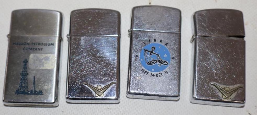 Group of 4 Zippo And Zippo Style Advertising Lighters: 2.25" x 1" x .50" each Hallion Petroleum is not a zippo