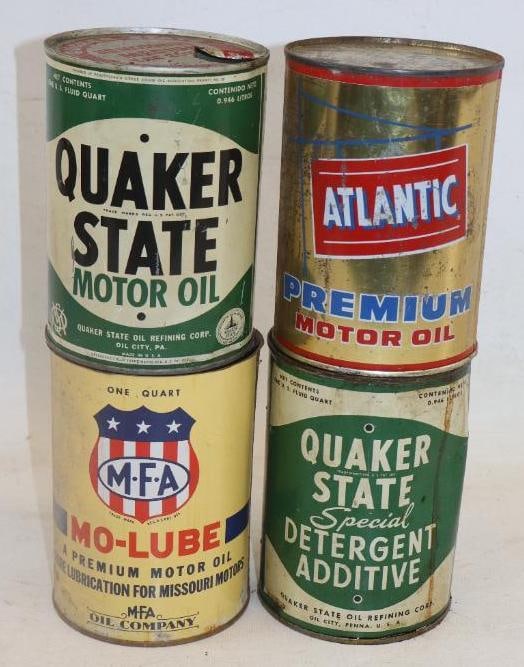 Group of 4 MFA, Atlantic And Quaker state 1 qt metal Oil Cans: 32oz all empty