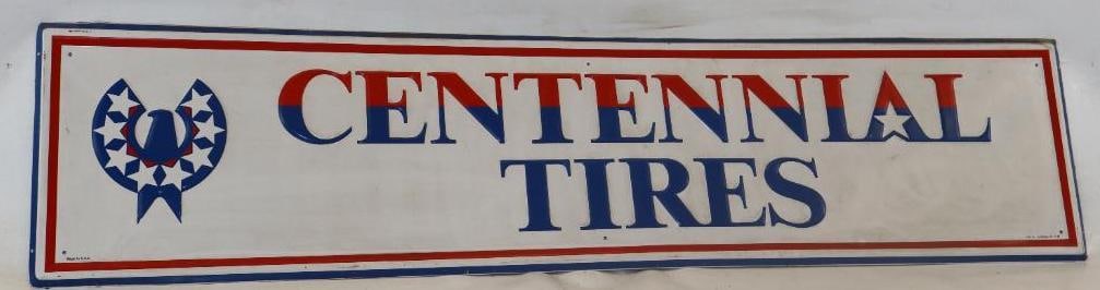 Embossed Centennial Tires Advertising Metal Sign: 59.50" x 13.50" is marked A-M Inc. 11-83