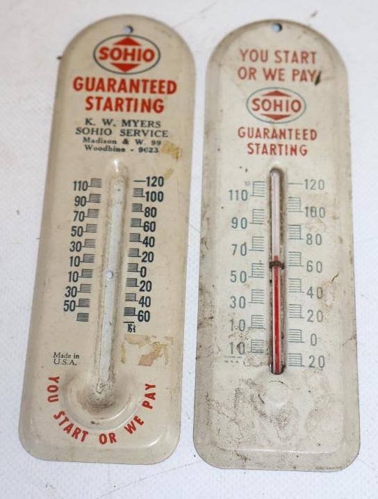 Group of 2 Sohio Guarantee Starting Advertising Thermometer: 6.50" x 2" each 1 is missing thermometer